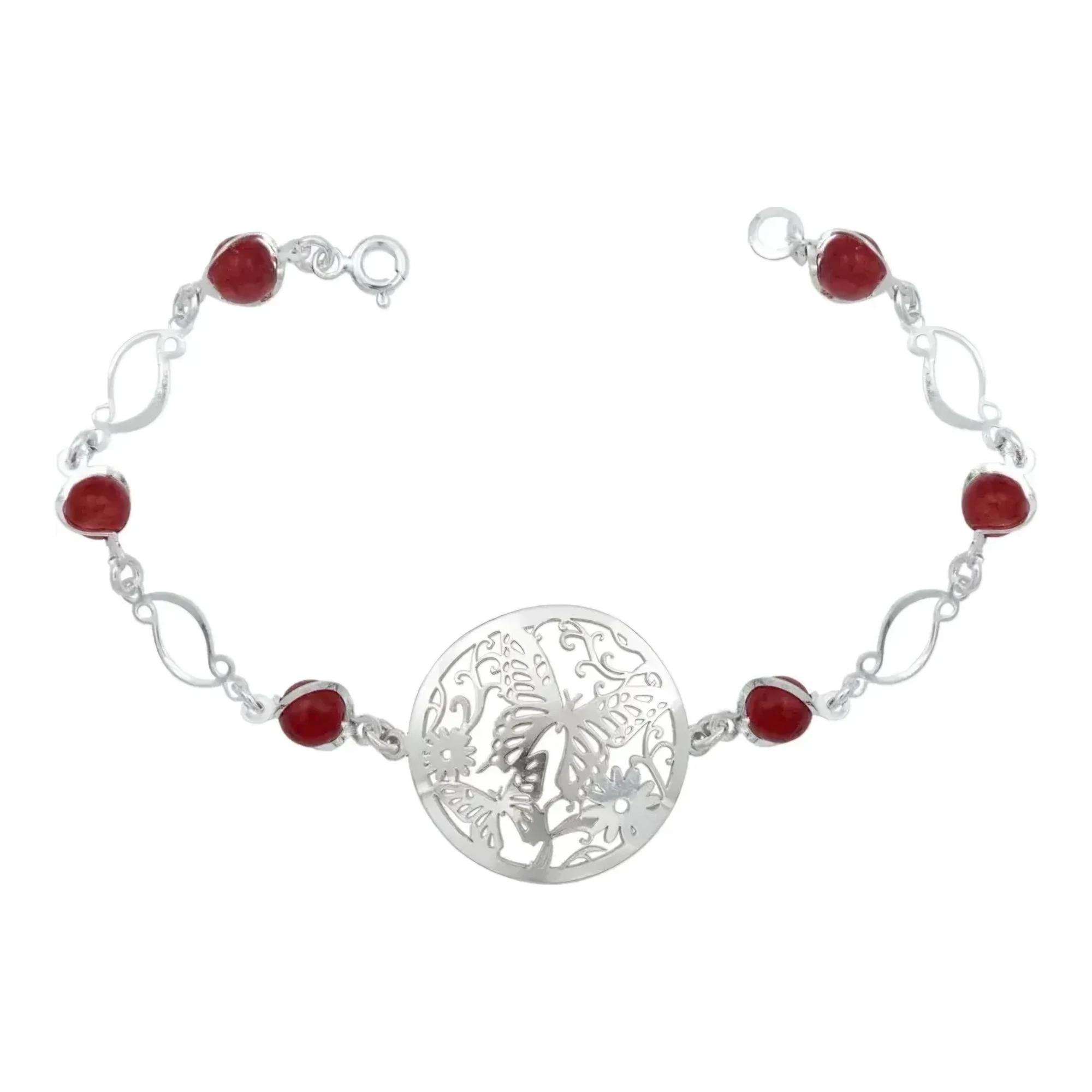 Pulsera de flores plata y mariposa para mujer en Plata .925 con cuarzos naturales rojos dije colgante acabado liso brillante