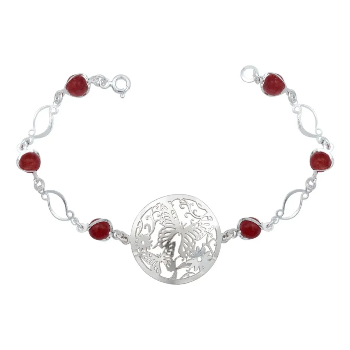 Pulsera Plata .925 Mariposa Flores Cuarzo Rojo, joya artesanal mexicana. Brazalete de plata para mujer con cuarzo rojo, diseñ