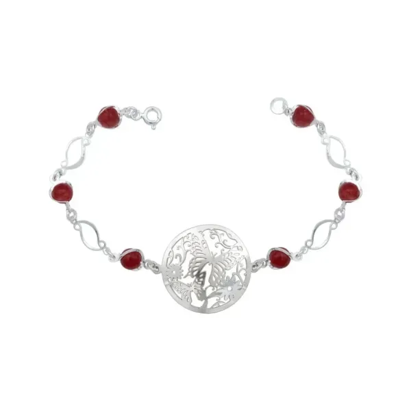 Pulsera Plata 925 Mariposa Flores con Cuarzo Rojo - Imagen 1