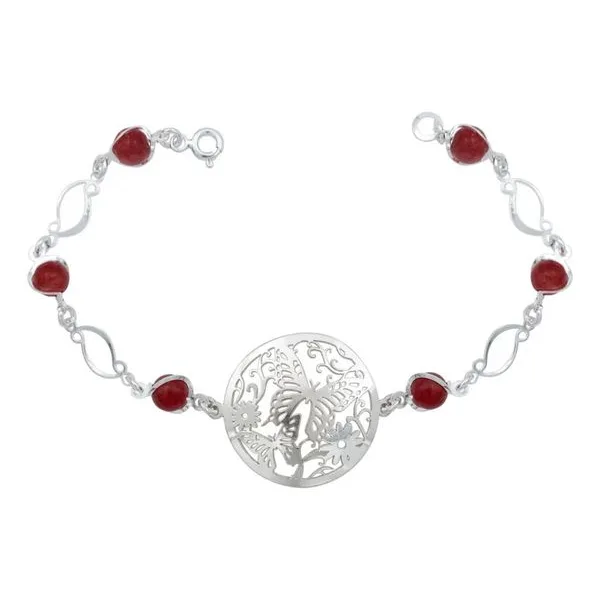 Pulsera Plata 925 Mariposa Flores con Cuarzo Rojo - Imagen 1