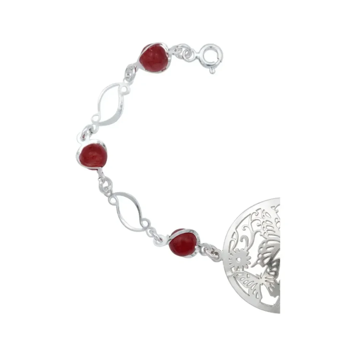 Pulsera Plata 925 Mariposa Flores con Cuarzo Rojo - Imagen 2
