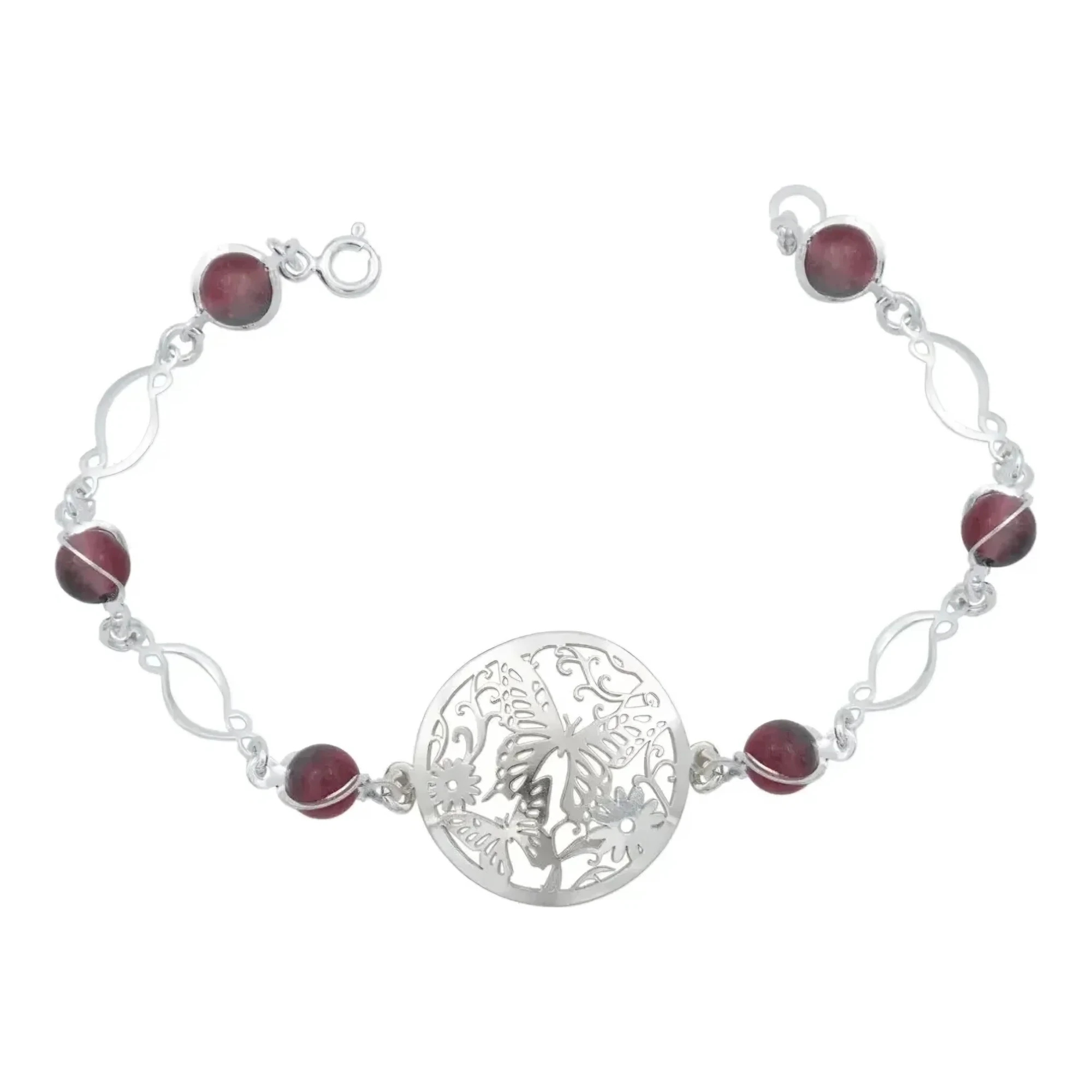 Pulsera plata 925 mujer con dijes mariposa y flores cuarzo tricolor 18.5 cm de largo acabado liso broche reasa nacional