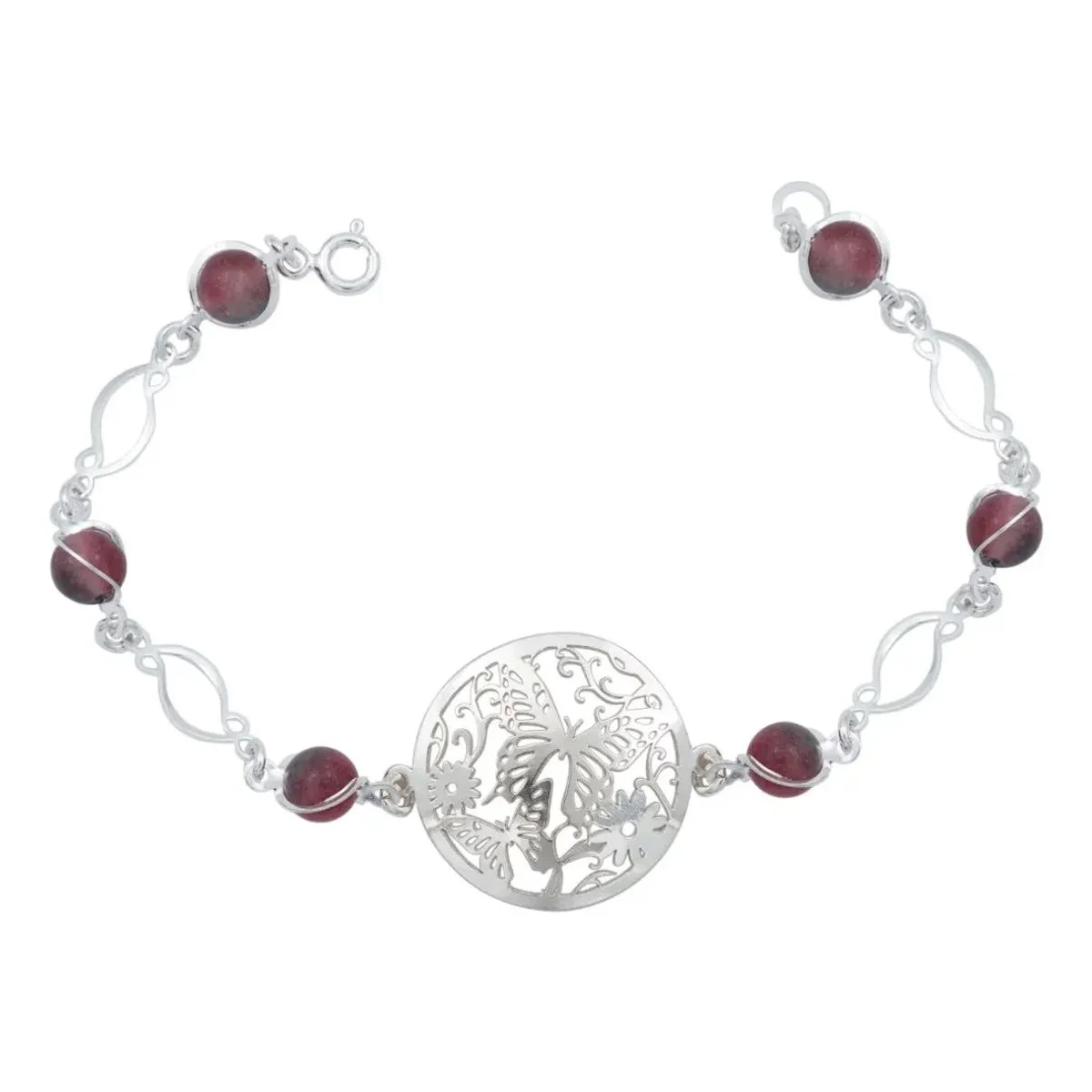 Pulsera de plata .925 con dijes de mariposa y flores de cuarzo tricolor, 18.5cm. Joyería de plata fina, pulsera delicada con