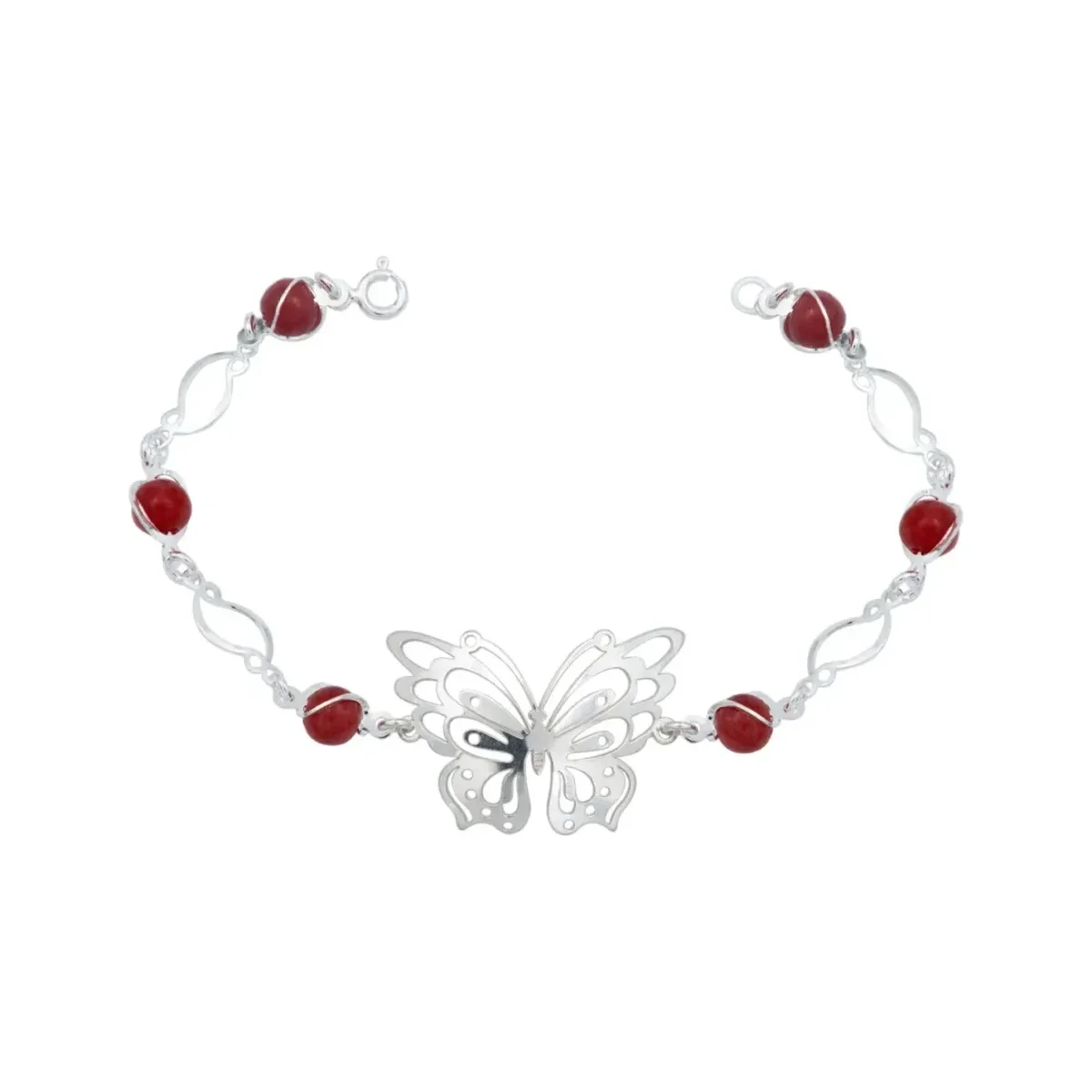 Pulsera Plata .925 Mariposa con Piedra Natural Roja, diseño delicado. Joyería artesanal mexicana hipoalergénica para mujer.