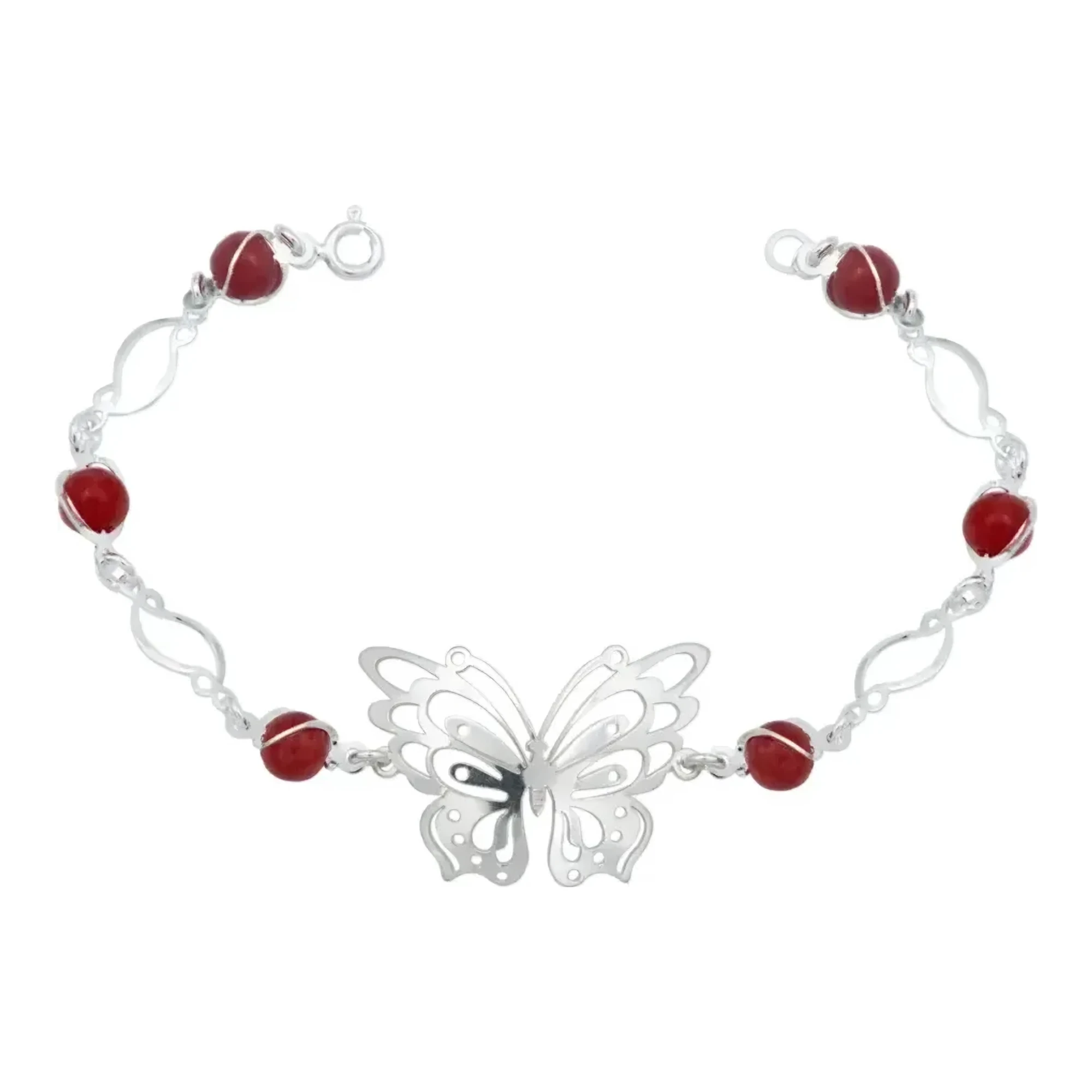 Pulsera mariposa plata 925 para mujer con piedra natural roja, dije calado y broche de reasa en auténtica plata .925 mexicana