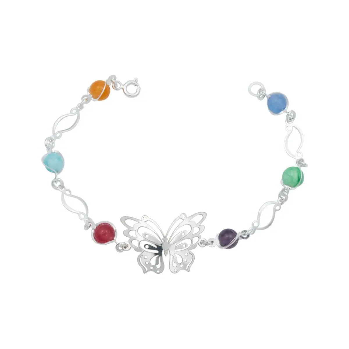 Pulsera Plata .925 Mariposa Primavera mexicana con piedra multicolor. Joya artesanal, diseño versátil, regalo mujer.