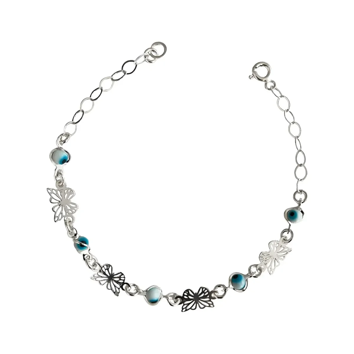 Pulsera de plata .925 con diseño de mariposas, acabado brillante, ajustable con broche perico. Joyería fina mexicana artesana