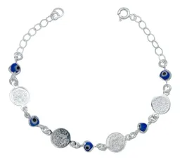 Pulsera Plata .925 Medallas San Benito Ajustable Diseño Azul - Imagen 1