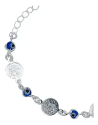 Pulsera Plata .925 Medallas San Benito Ajustable Diseño Azul - Imagen 2