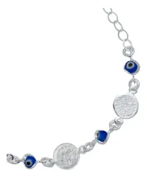 Pulsera Plata .925 Medallas San Benito Ajustable Diseño Azul - Imagen 3