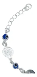 Pulsera Plata .925 Medallas San Benito Ajustable Diseño Azul - Imagen 4