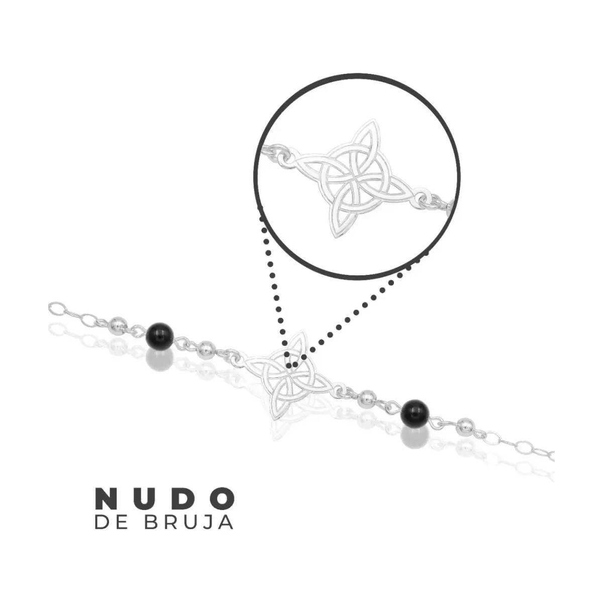 Pulsera Plata 925 Nudo de Bruja Ajustable con Bolas Negras - Imagen 4