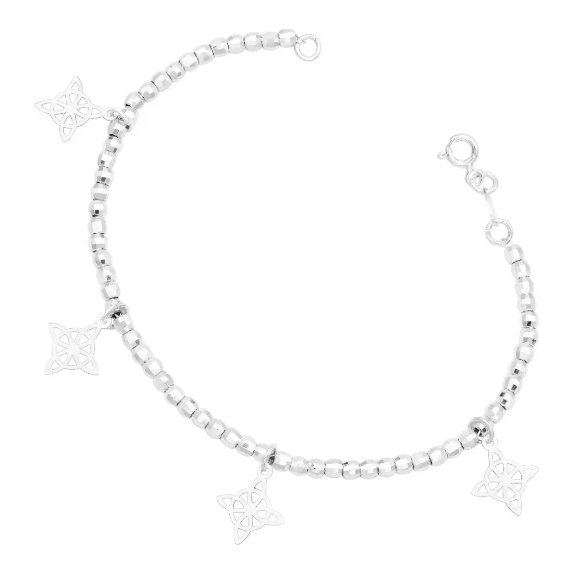 Pulsera nudo de bruja plata .925 brillante con bolitas facetadas de 3 mm y dije protector de 12 mm broche de reasa mujer