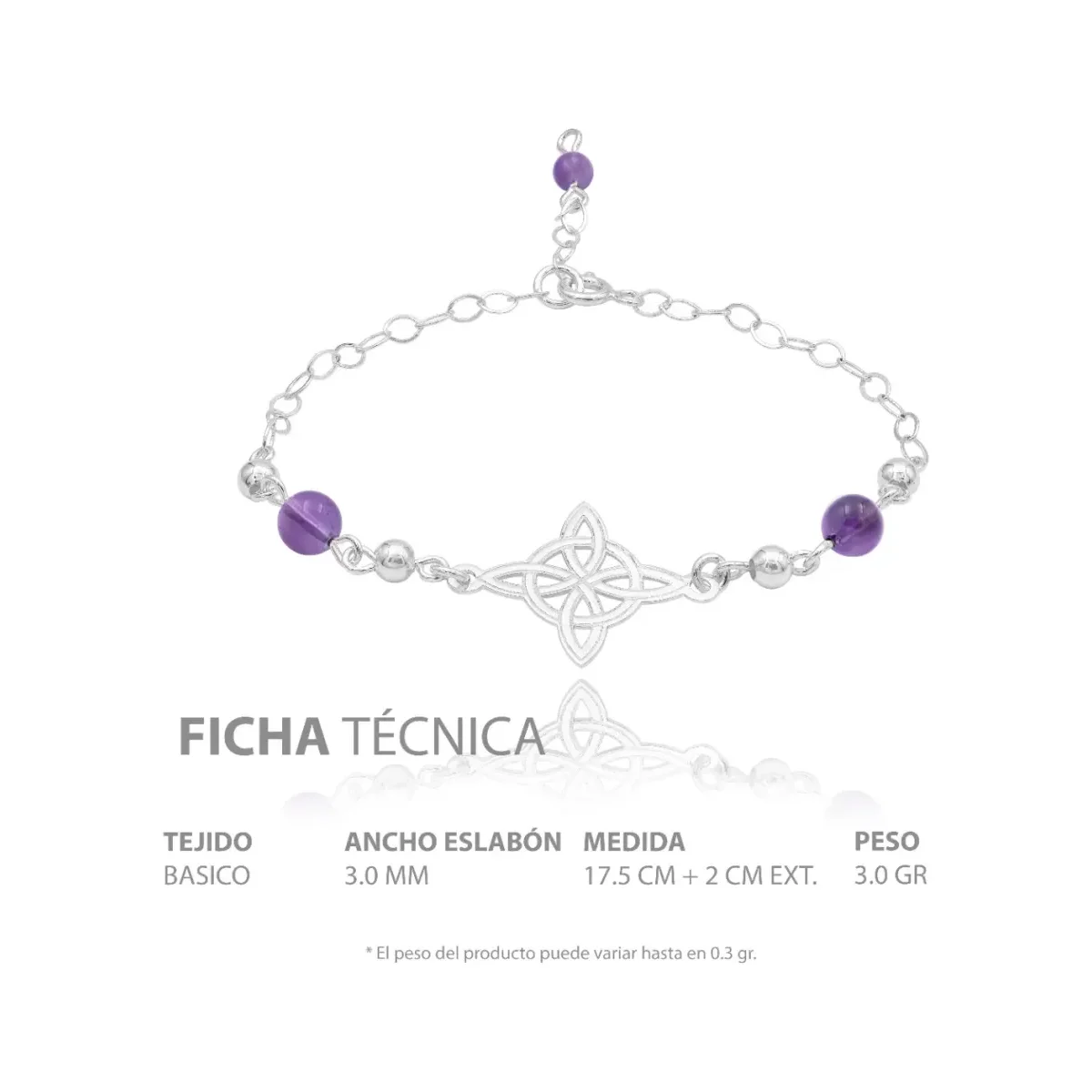 Pulsera Plata 925 Nudo de Bruja con Bolas Violeta Ajustable - Imagen 7