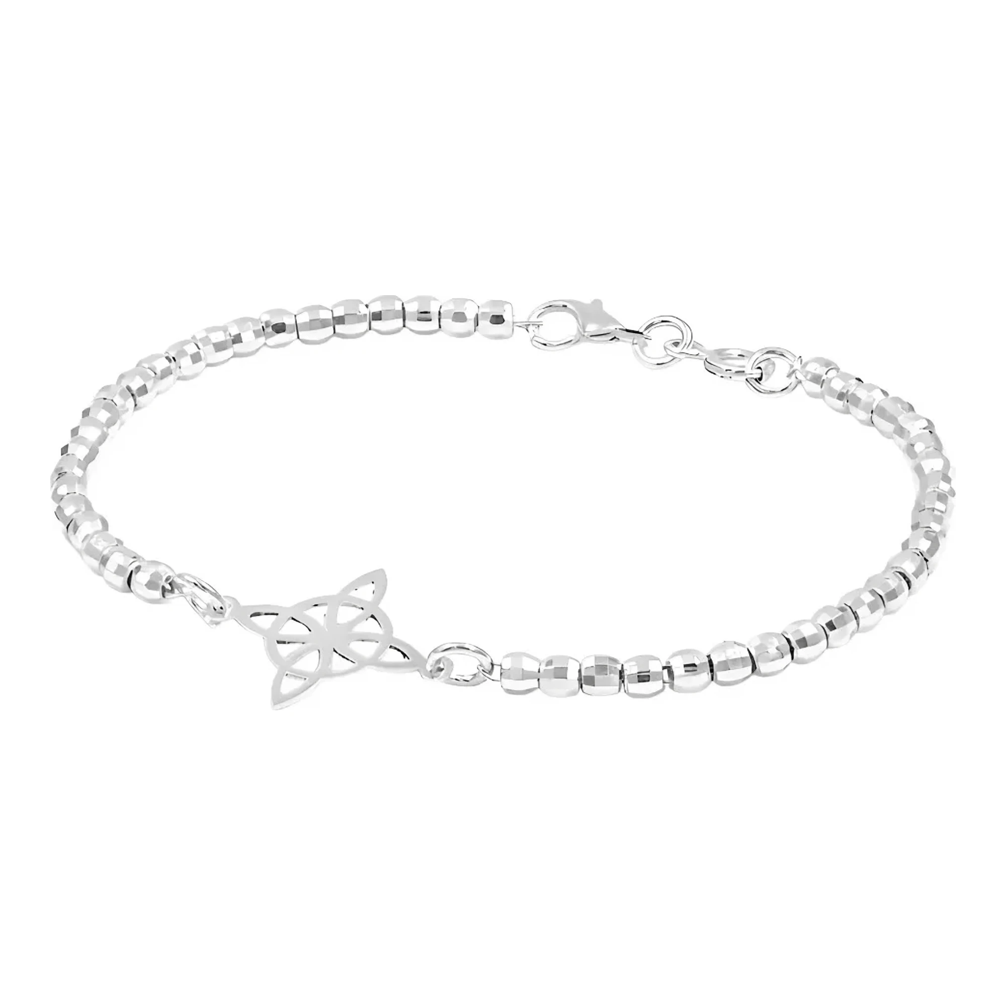 Pulsera Nudo de Bruja Plata .925 nacional brillante con dije protector y cuentas de bolitas con acabado facetado de 16 mm