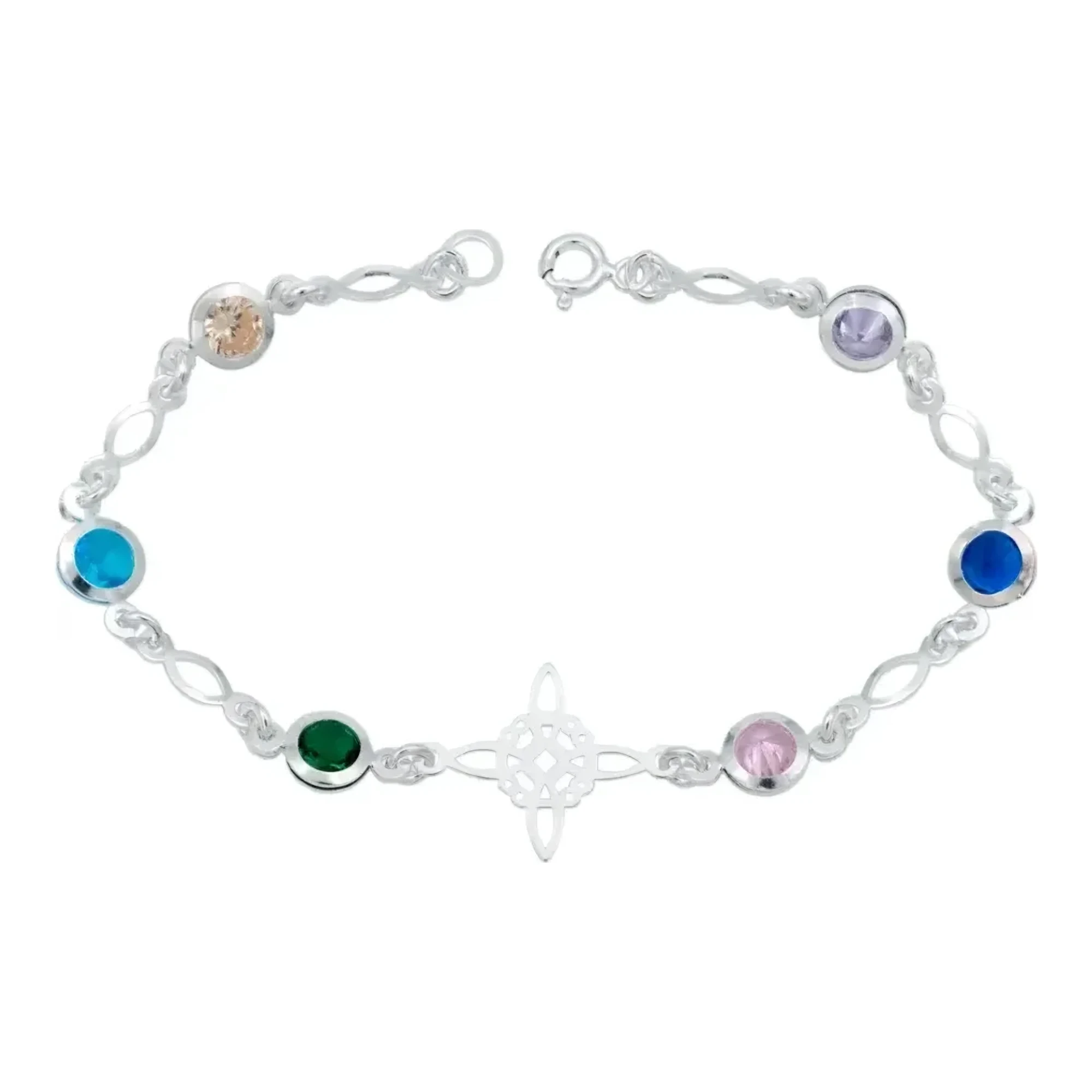 Pulsera nudo de bruja plata 925 con zirconias multicolor dije celta acabado liso amuleto proteccion contra envidias joyaris