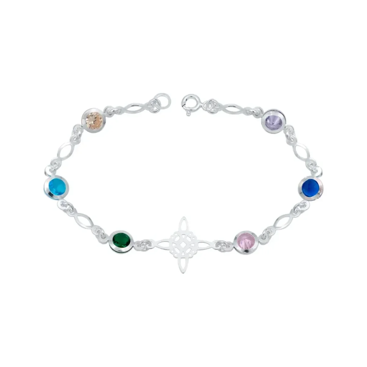 Pulsera Plata .925 Nudo Bruja Celta, zirconias multicolor. Diseño místico de joyería energética, brazalete de protección celt
