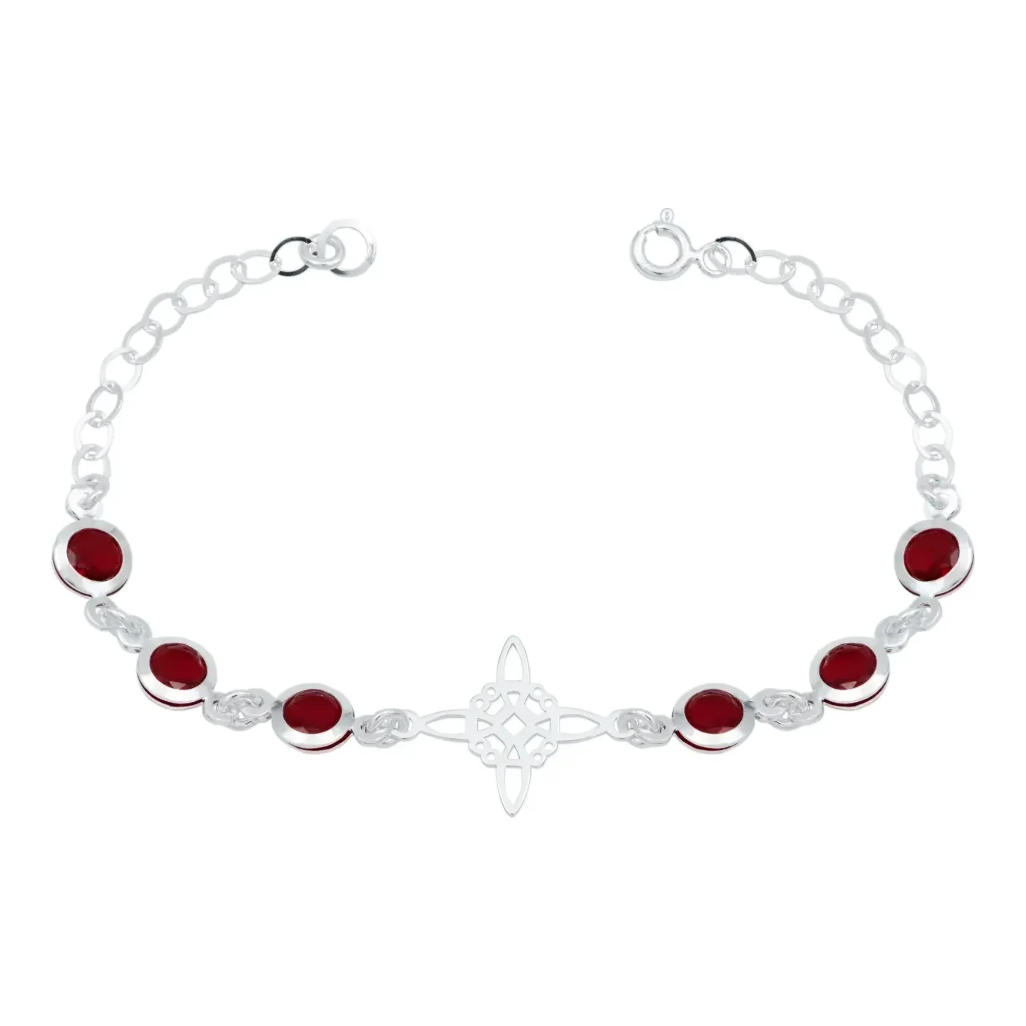Pulsera Plata 925 original Nudo Bruja Celta para mujer con zirconias rojas. Joyería mística y de protección energética mexica