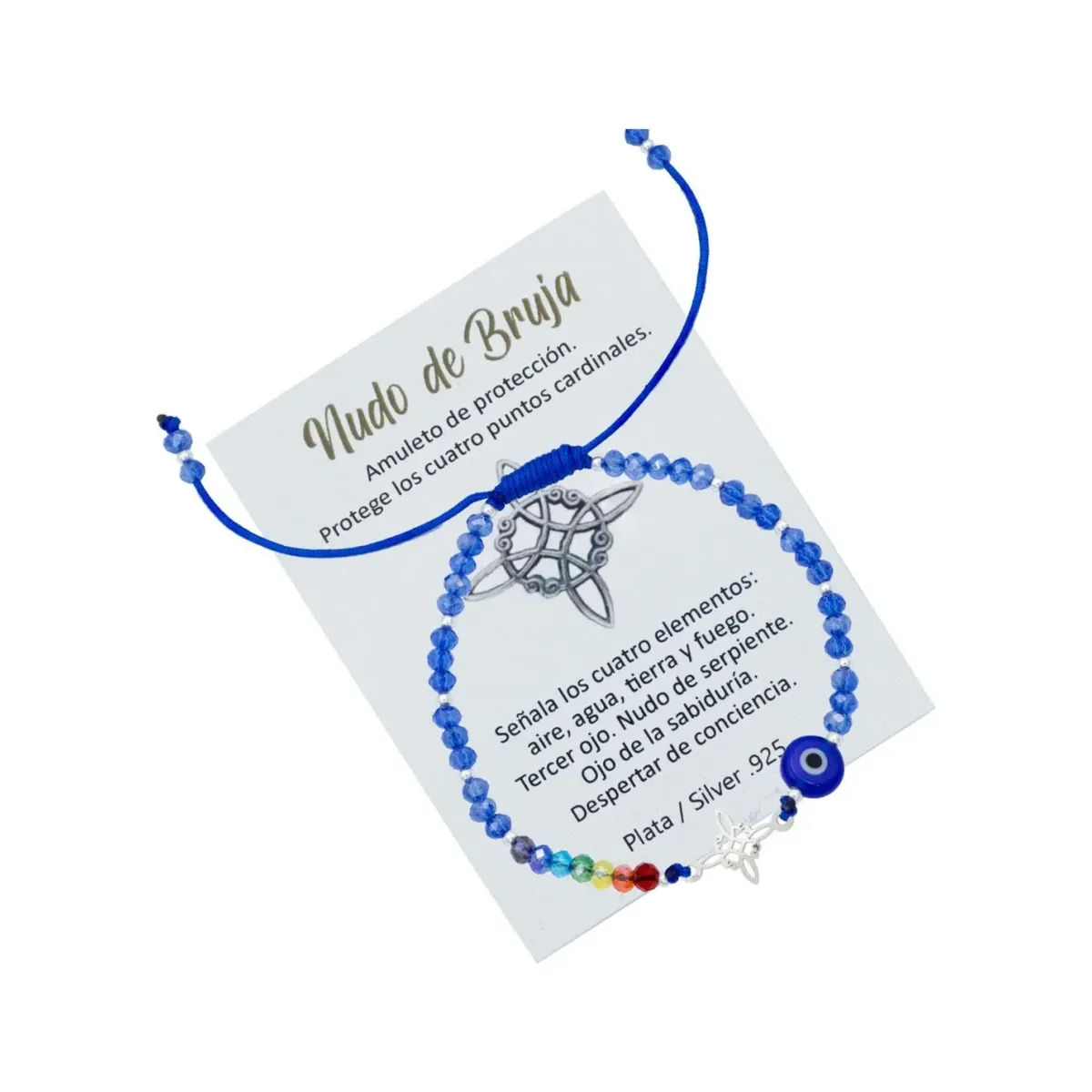 Pulsera Plata .925 Nudo Bruja con 7 Chakras y Ojo Turco Ajustable - Imagen 2