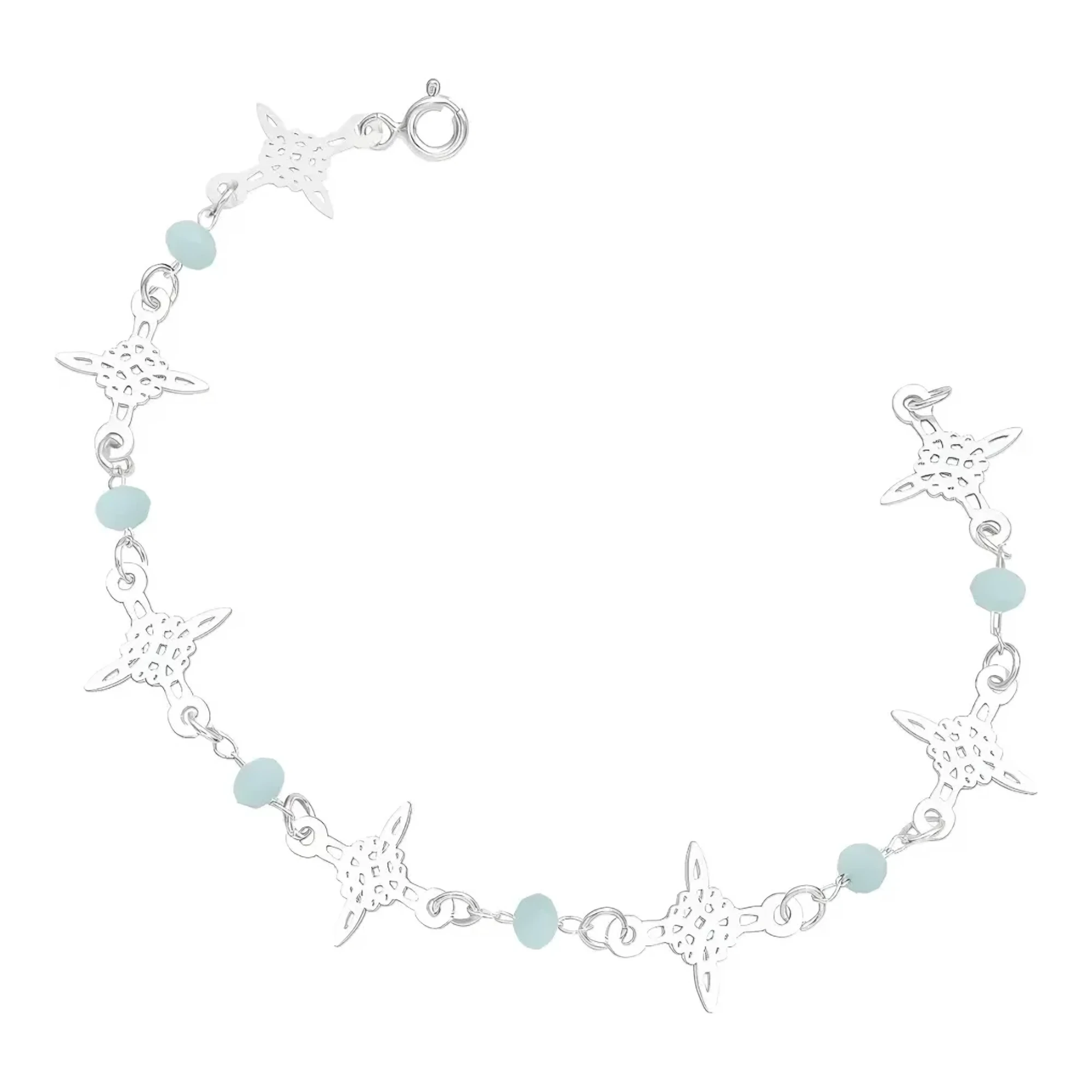 Pulsera nudo de bruja plata .925 con dije de 13 mm y cristal celeste sobre cadena de 2 mm con broche de reasa mexicana