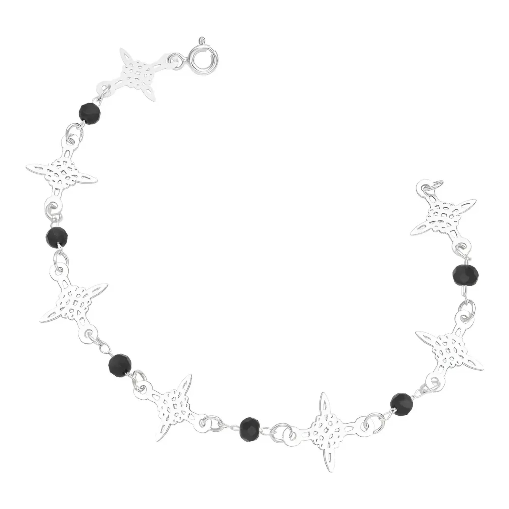 Pulsera nudo de bruja en auténtica plata .925 nacional con dije de 13 mm, cristal negro facetado y broche tipo reasa seguro