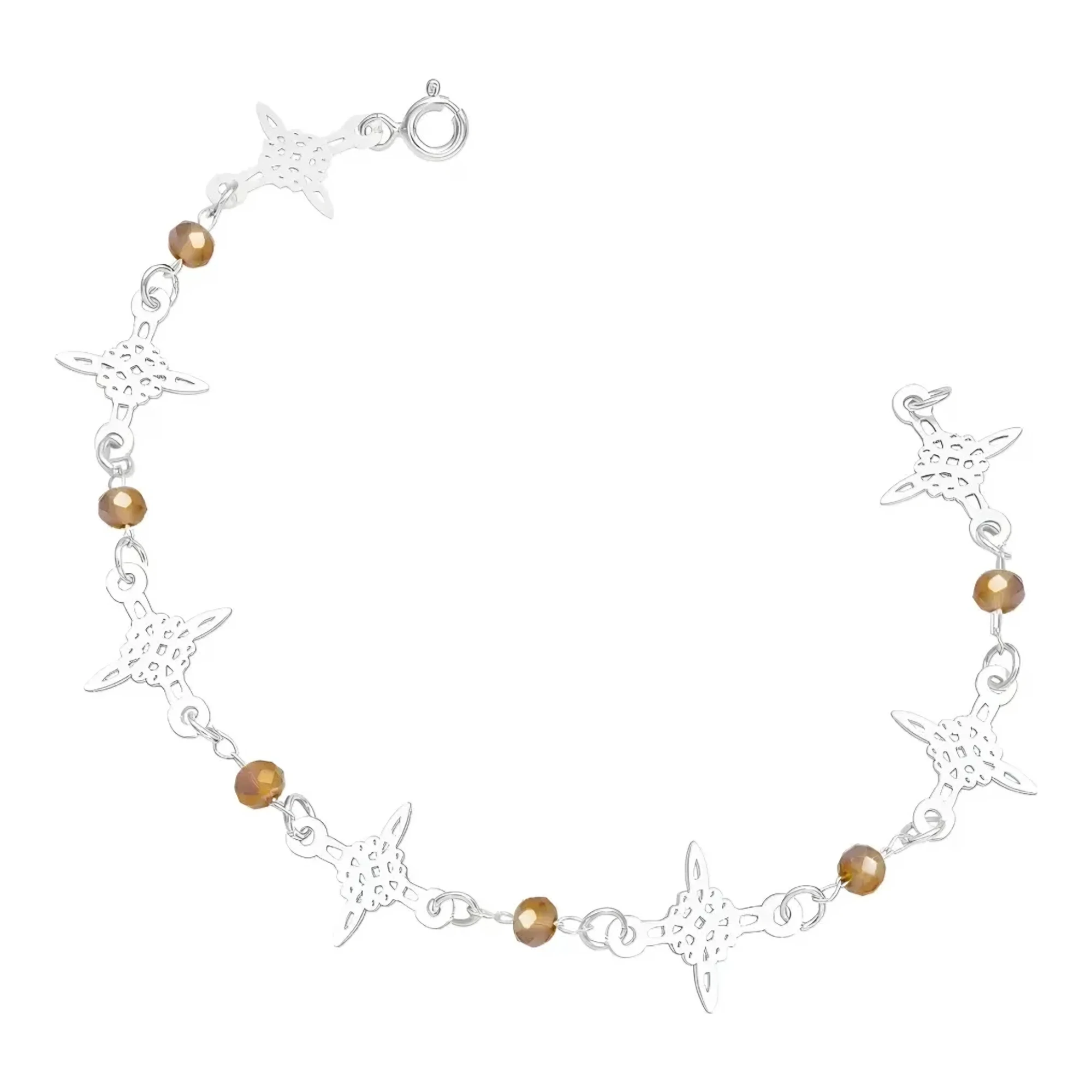 Pulsera nudo de bruja protección de plata .925 con cristales color café dije de trece milímetros y broche de reasa seguro