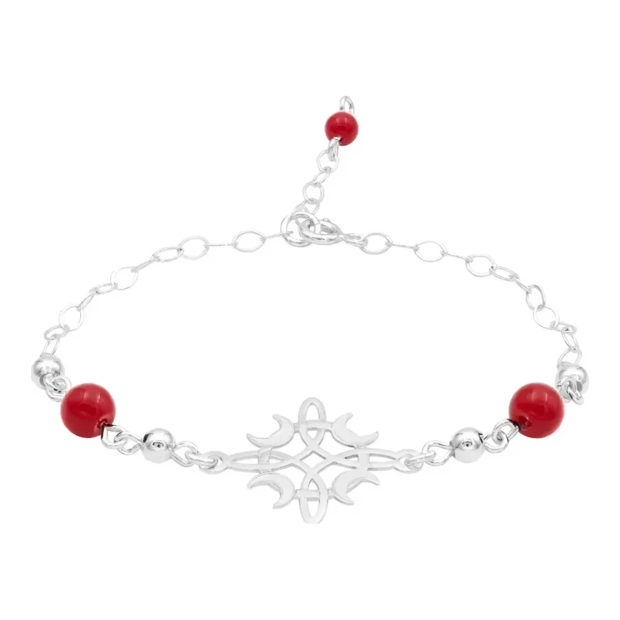 Pulsera nudo de bruja plata 925 con dije circular fases lunares de 20 mm, acabado liso e hilo rojo ajustable con reasa