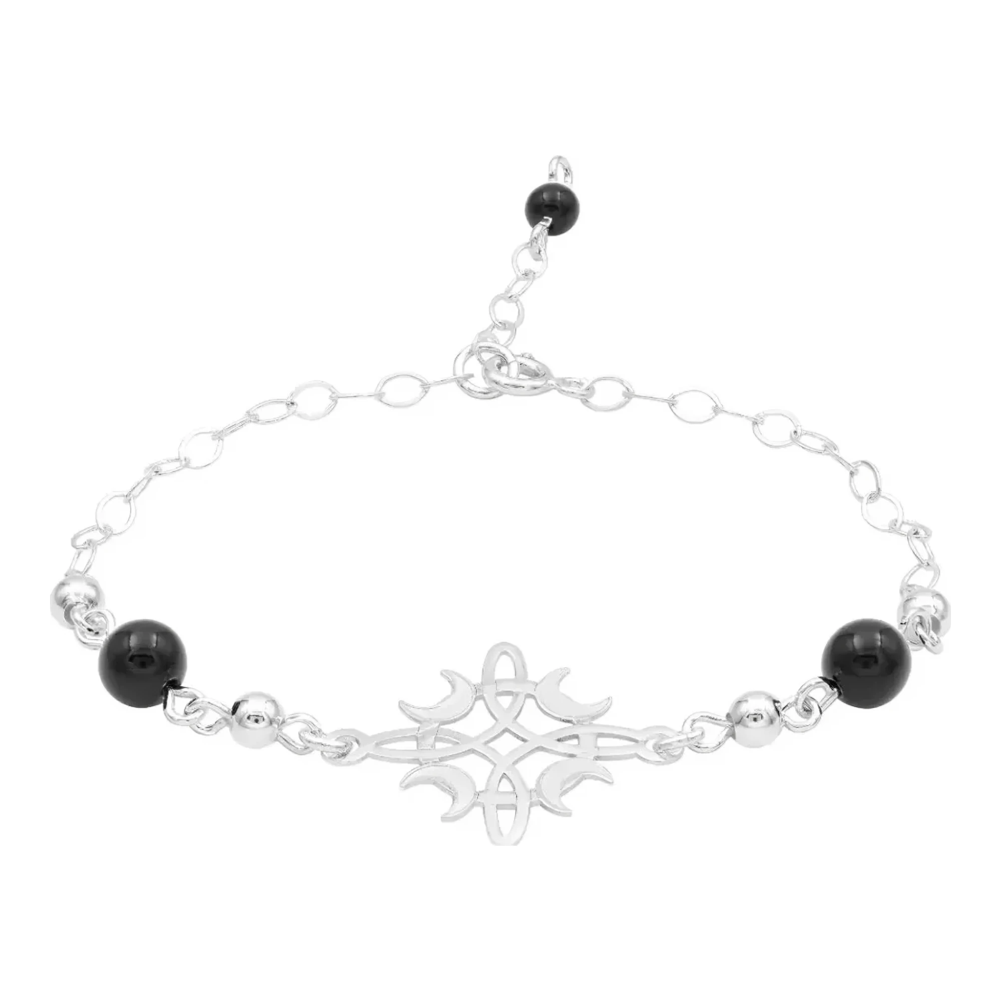 Pulsera nudo de bruja hilo negro en plata .925 con dije de fases lunares acabado liso y broche reasa amuleto de proteccion
