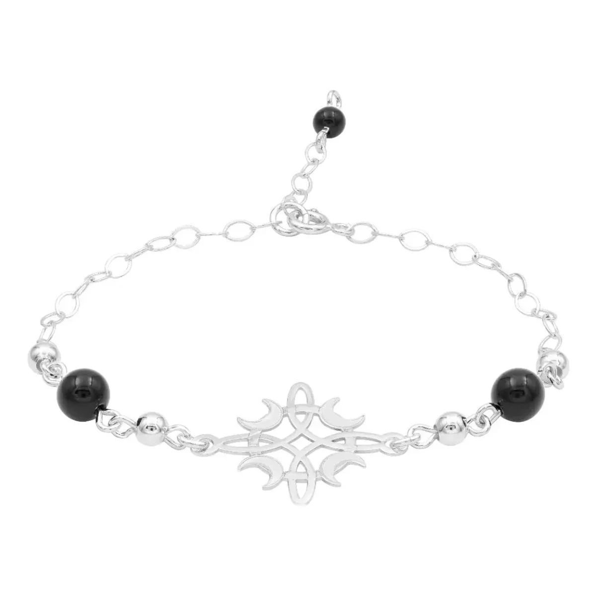 Pulsera de plata .925 con diseño Nudo Bruja y Fases Lunares en cordón negro ajustable. Joyería energética y talismán de prote