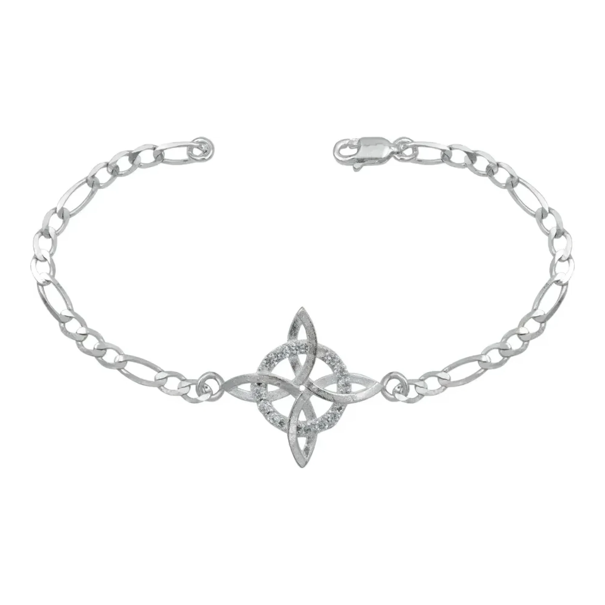 Pulsera nudo de bruja plata .925 brillante para mujer con cadena Figaro, dije protector wicca y broche de perico ajustable