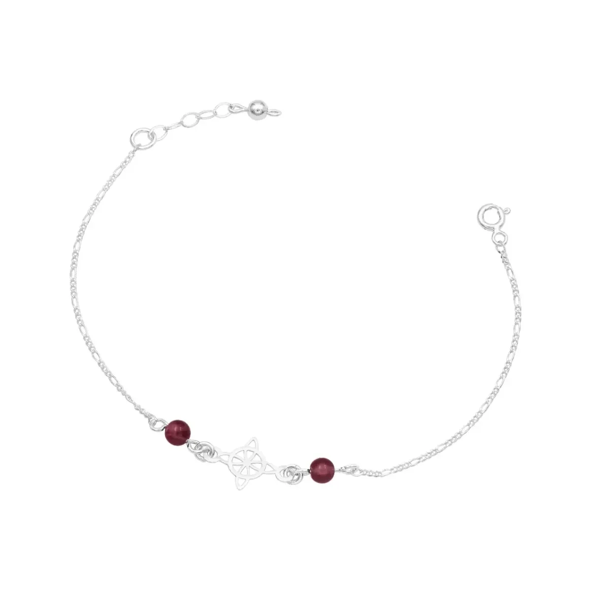 Pulsera Plata .925 Nudo Bruja, cadena Figaro con bolas color vino. Joyería esotérica ajustable, amuleto de protección, regalo