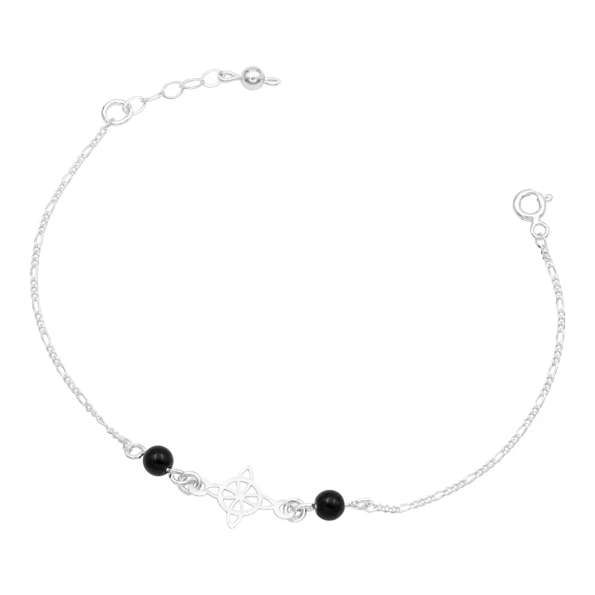 Pulsera de Plata .925 con dije Nudo de Bruja y cadena Figaro negra esmaltada, amuleto de protección wicca artesanal liso