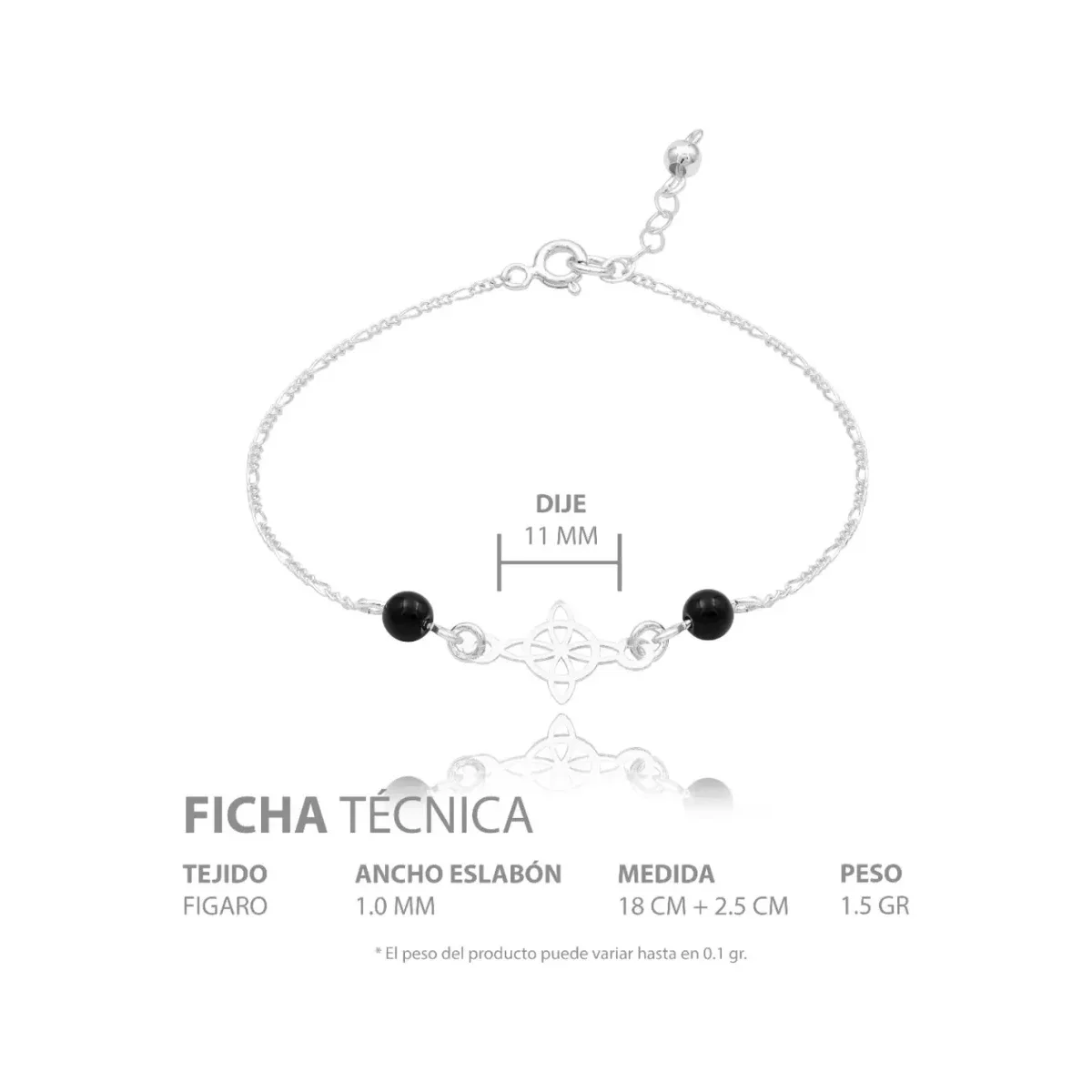 Pulsera de Plata 925 Nudo de Bruja con Cadena Figaro Negra - Imagen 4