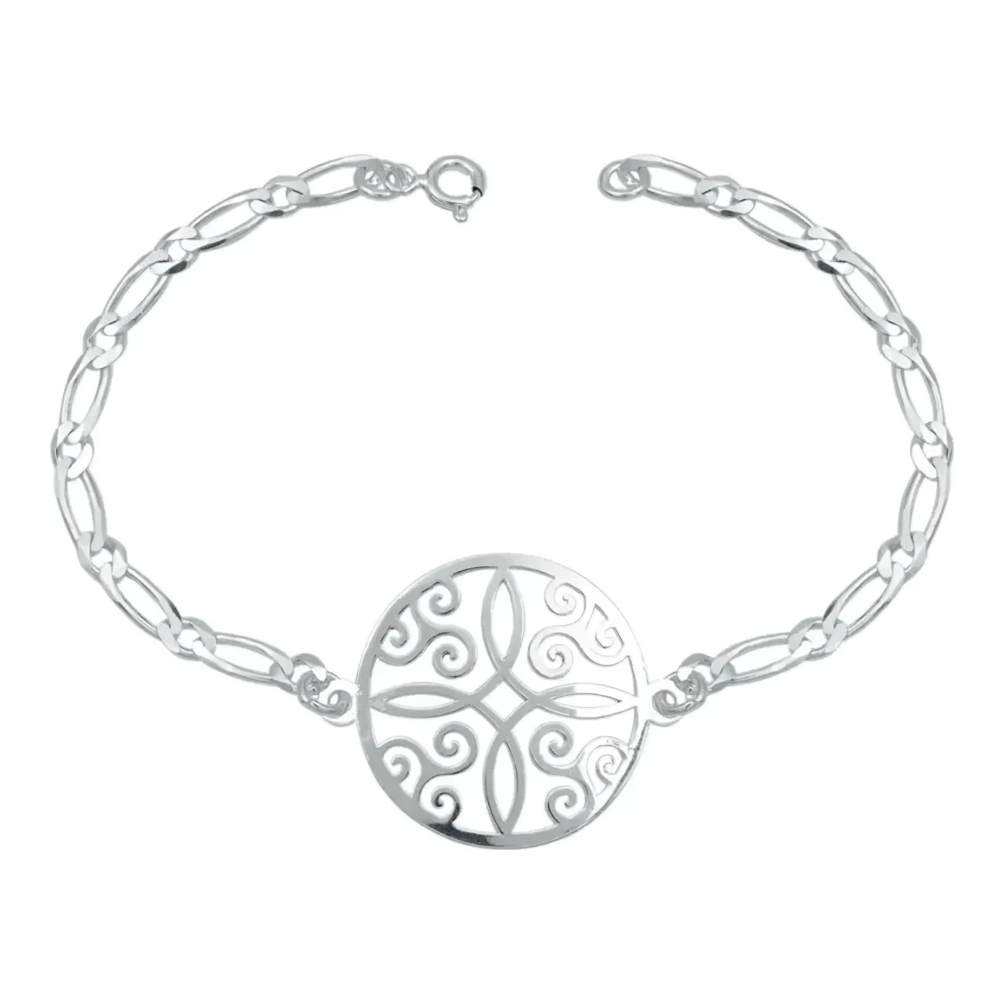 Pulsera de Plata .925 con medalla dije nudo de bruja circular acabado liso y cadena Figaro eslabones brillantes color plata