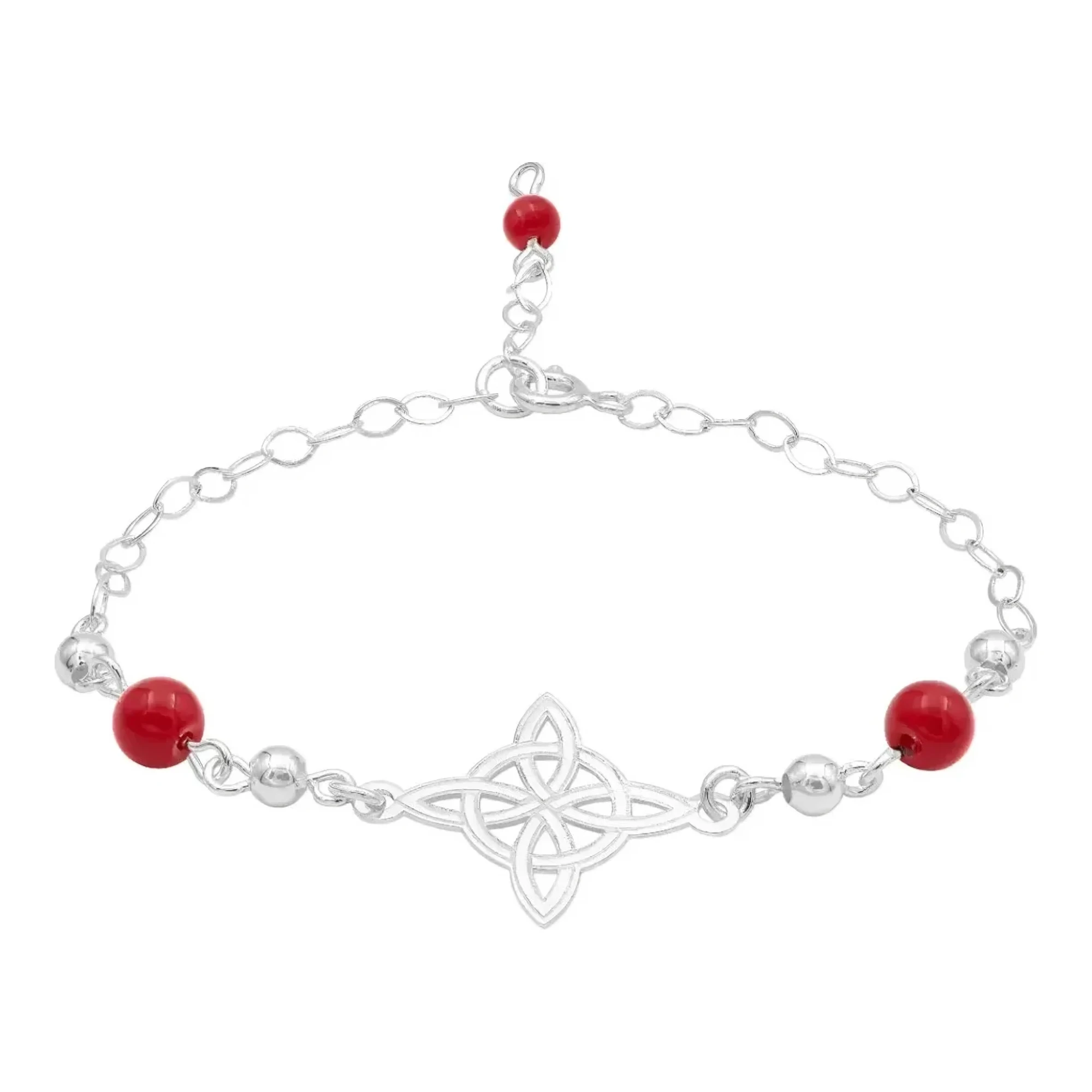 Pulsera amuleto de hilo rojo ajustable con dije nudo de bruja celta en plata .925 nacional corte láser con broche de reasa