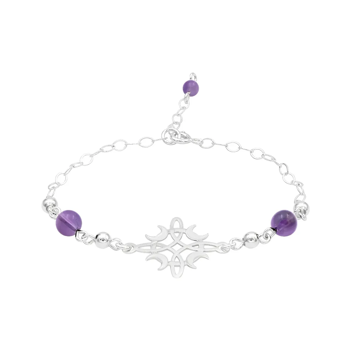 Pulsera de Plata .925 Nudo de Bruja y Luna, con hilo morado ajustable. Joyería artesanal mexicana, amuleto de protección y su