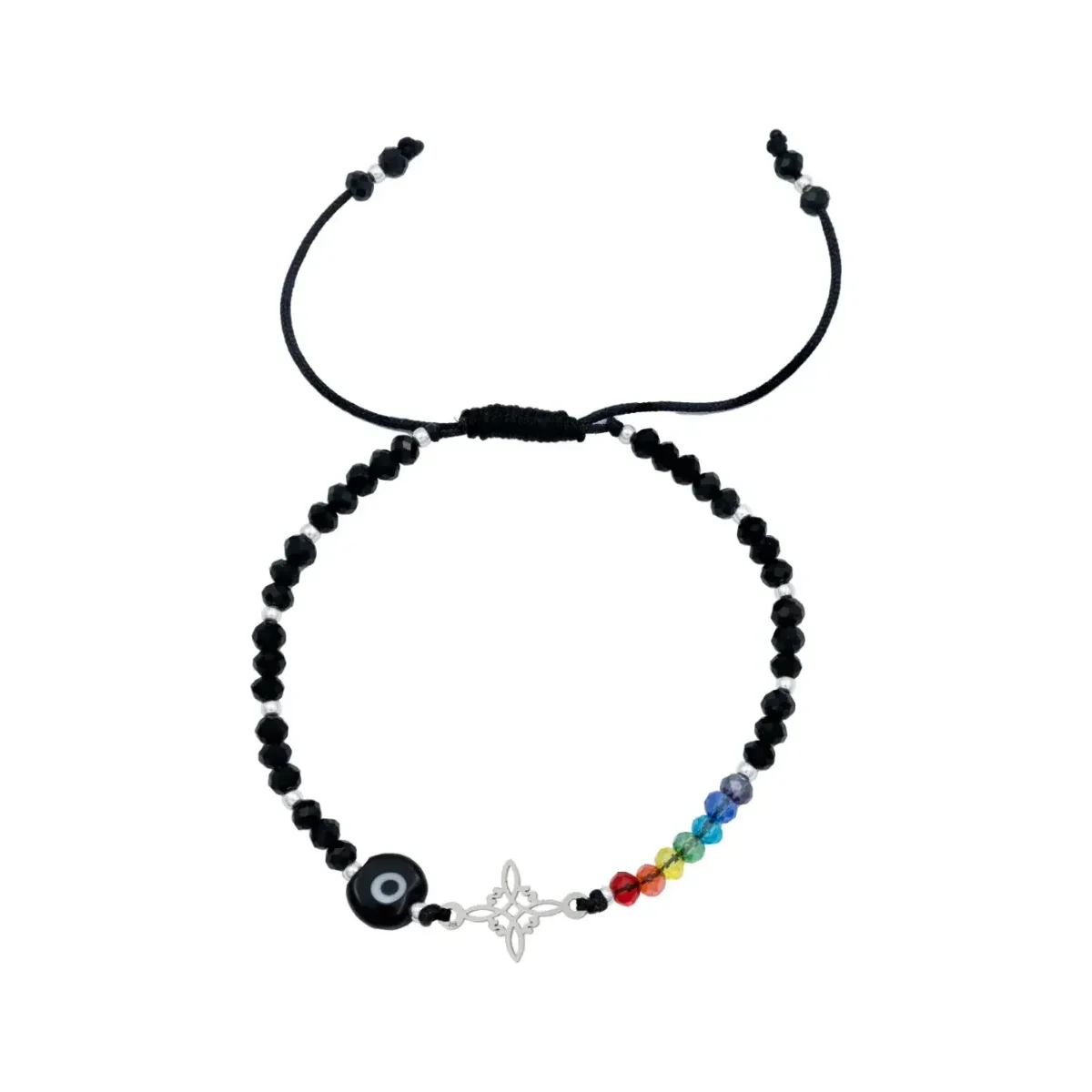 Pulsera de plata .925 con dije nudo de bruja y ojo turco de diez milímetros en cordón textil negro ajustable para protección