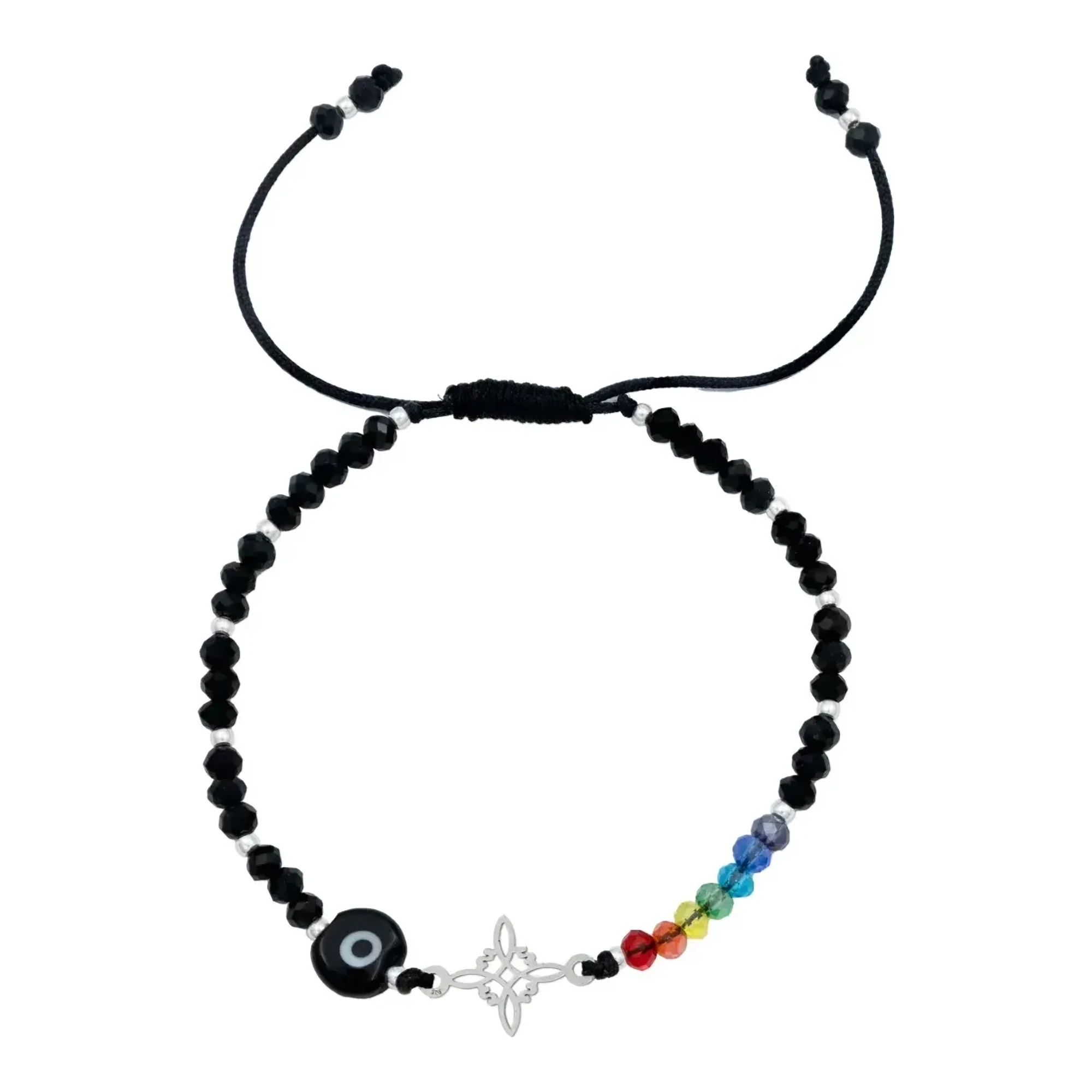 Pulsera de plata .925 con dije nudo de bruja y ojo turco de diez milímetros en cordón textil negro ajustable para protección