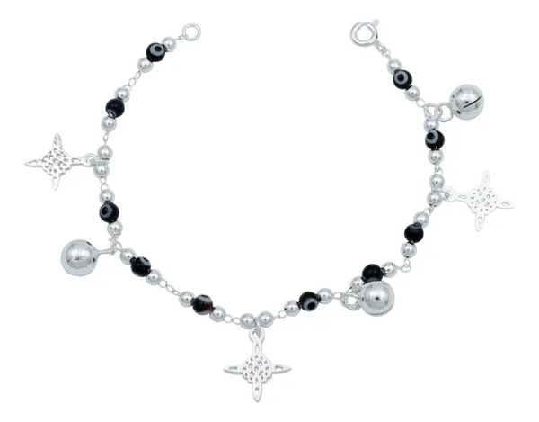 Pulsera de plata .925 negra nudo bruja ojo turco con cascabeles — Joyaris
