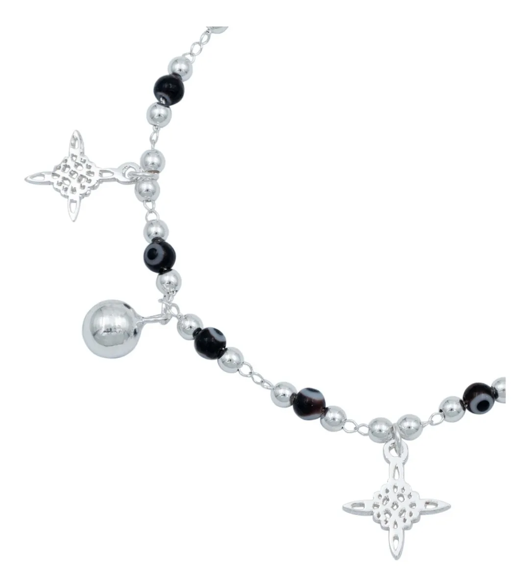 Pulsera de plata .925 negra nudo bruja ojo turco con cascabeles — Joyaris