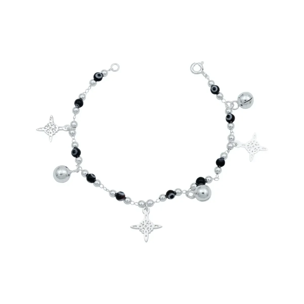 Pulsera de Plata .925 Nudo de Bruja con Ojo Turco y cascabeles para mujer. Joyería artesanal de plata, amuleto protector esot
