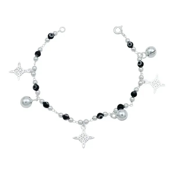 Pulsera de plata .925 negra nudo bruja ojo turco con cascabeles — Joyaris