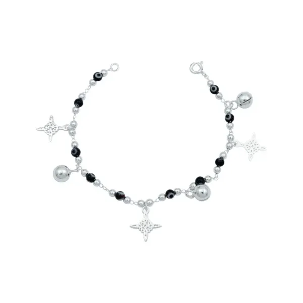 Pulsera de plata .925 negra nudo bruja ojo turco con cascabeles — Joyaris