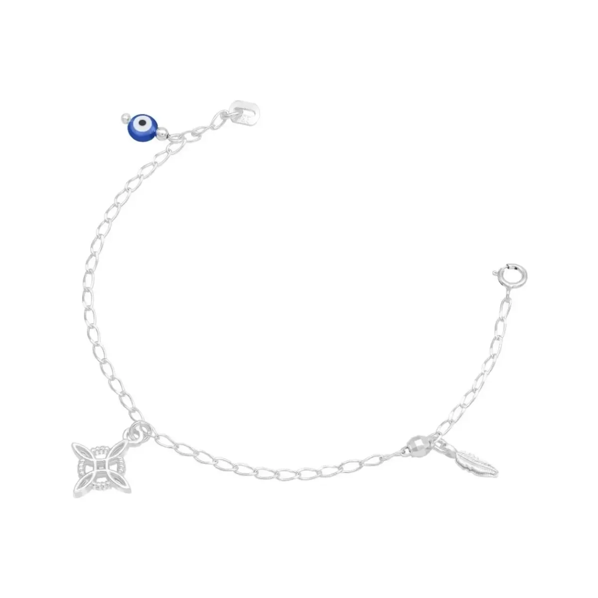 Pulsera Plata .925 de Protección con Nudo Bruja y Ojo Turco azul. Diseño de joyería mexicana artesanal para mujer, con Pluma