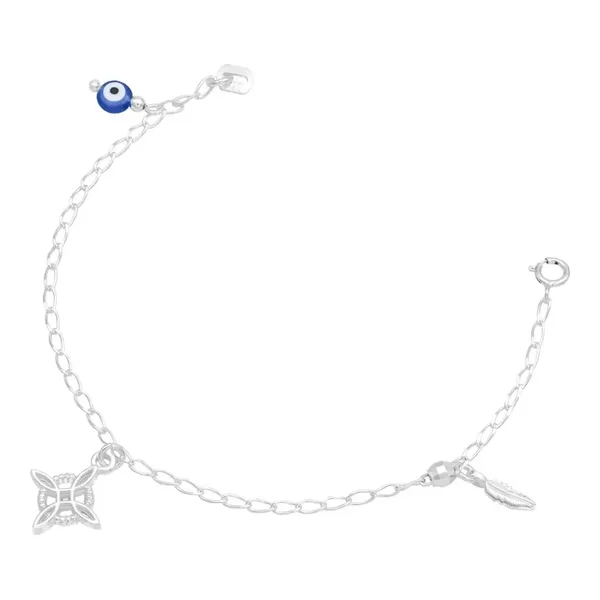 Pulsera Plata 925 Nudo de Bruja Ojo Turco Pluma Bola Facetada - Imagen 1
