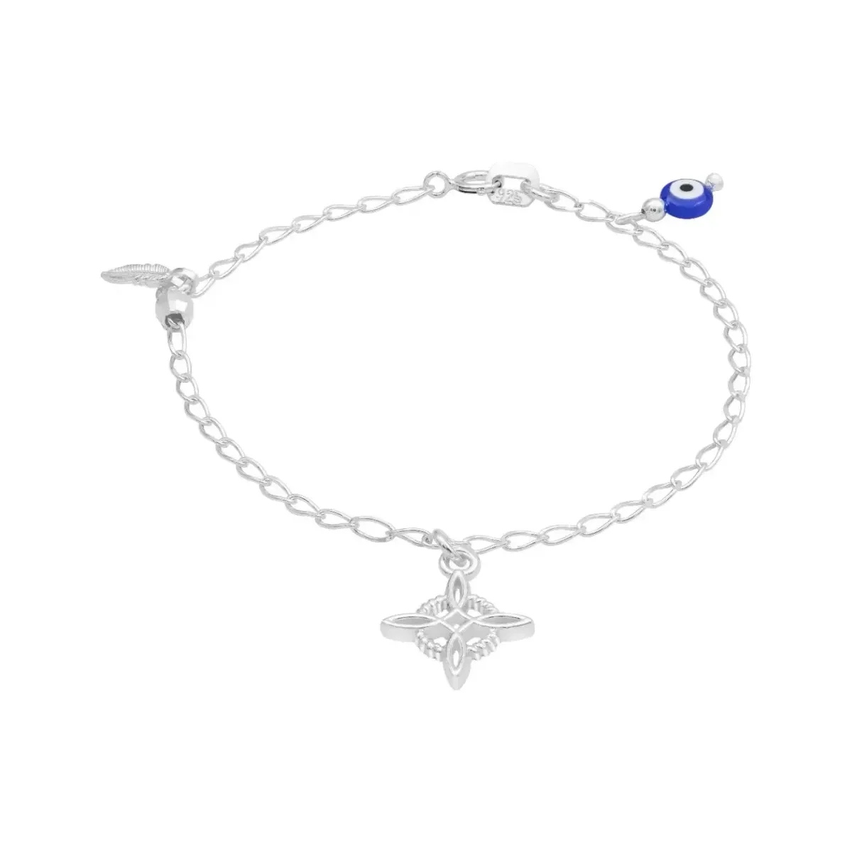 Pulsera Plata 925 Nudo de Bruja Ojo Turco Pluma Bola Facetada - Imagen 3