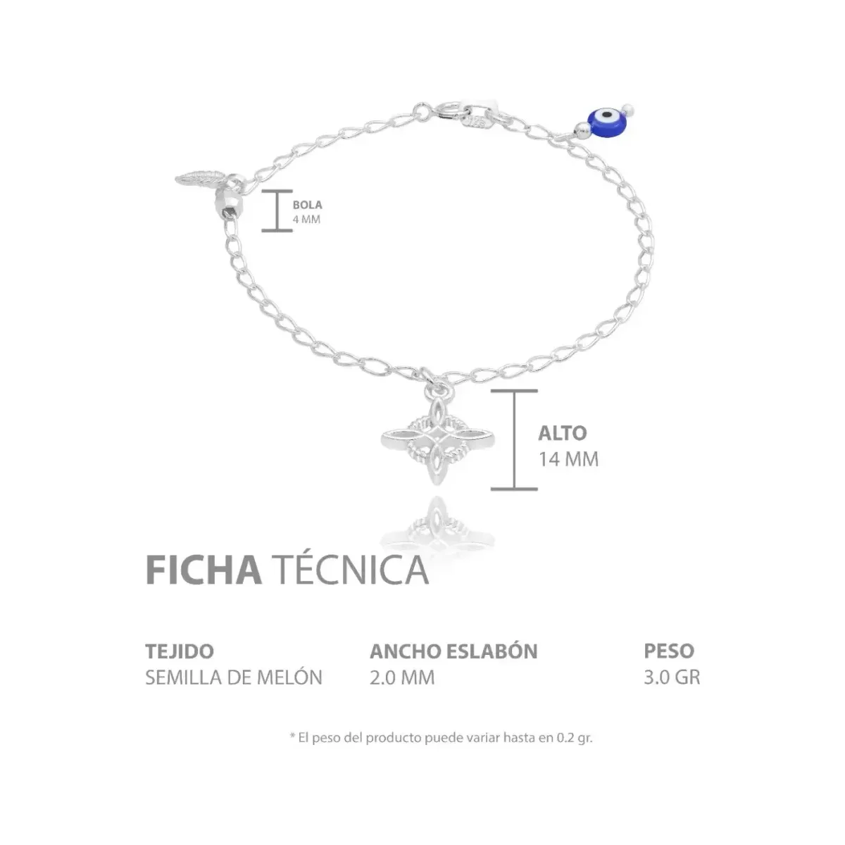Pulsera Plata 925 Nudo de Bruja Ojo Turco Pluma Bola Facetada - Imagen 5