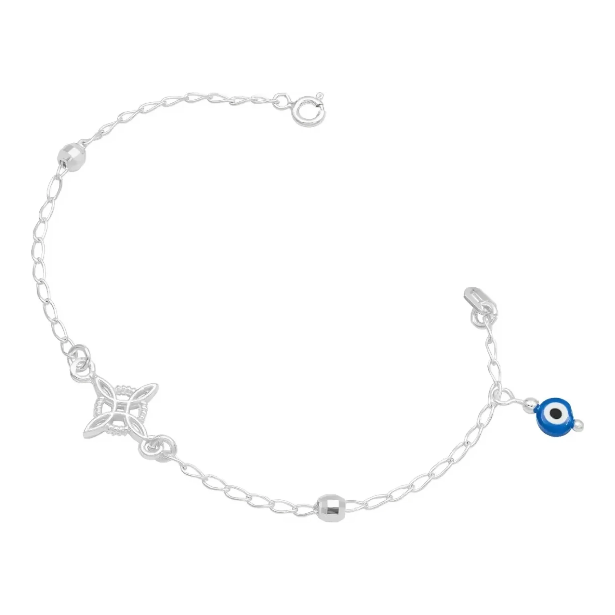 Pulsera plata ley 925 mujer con dije nudo de bruja de 14mm y ojo turco protector contra mal de ojo acabado facetado 18cm