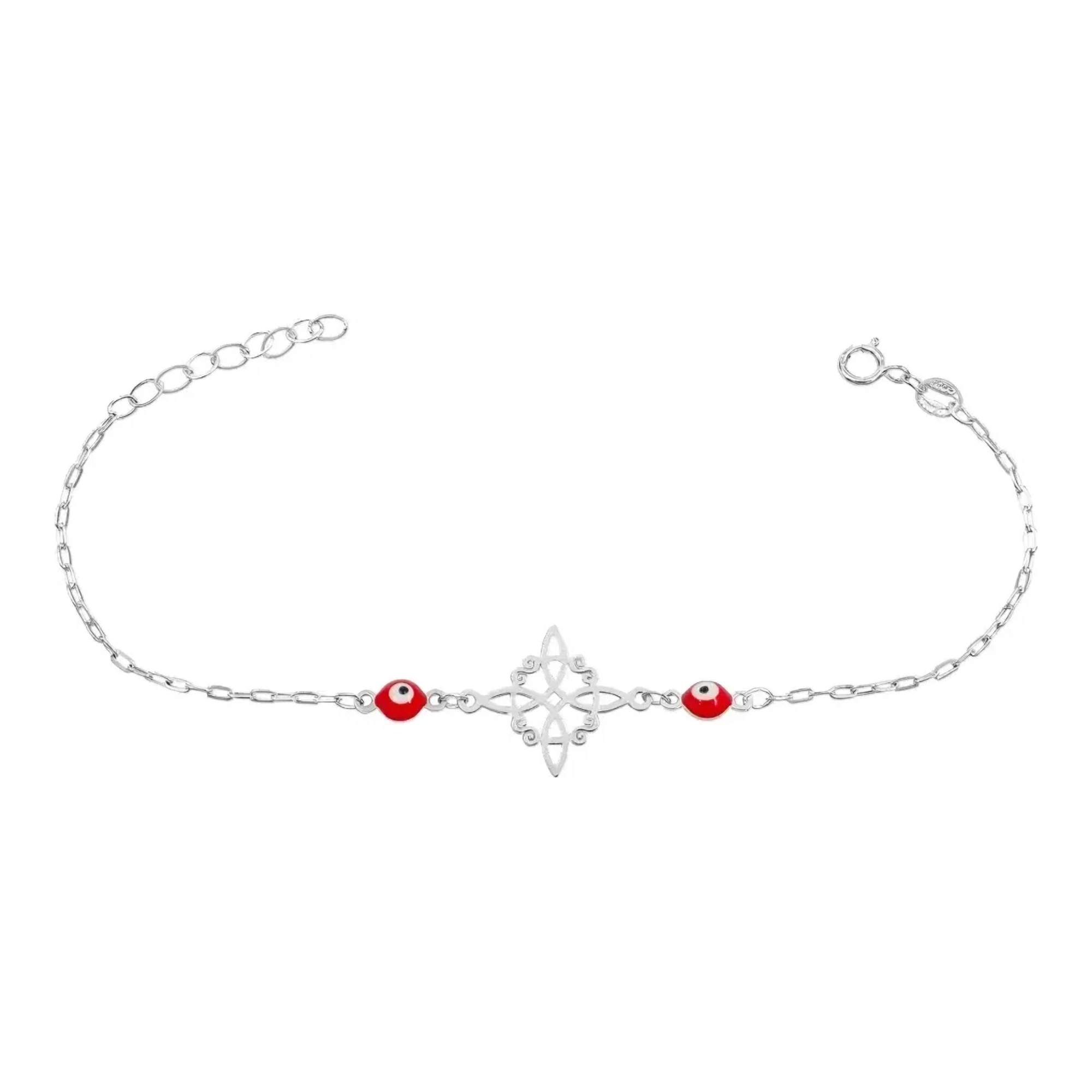 Pulsera proteccion mal de ojo en plata .925 acabado liso con dije nudo de bruja ojos turcos rojos y broche reasa no ajustable
