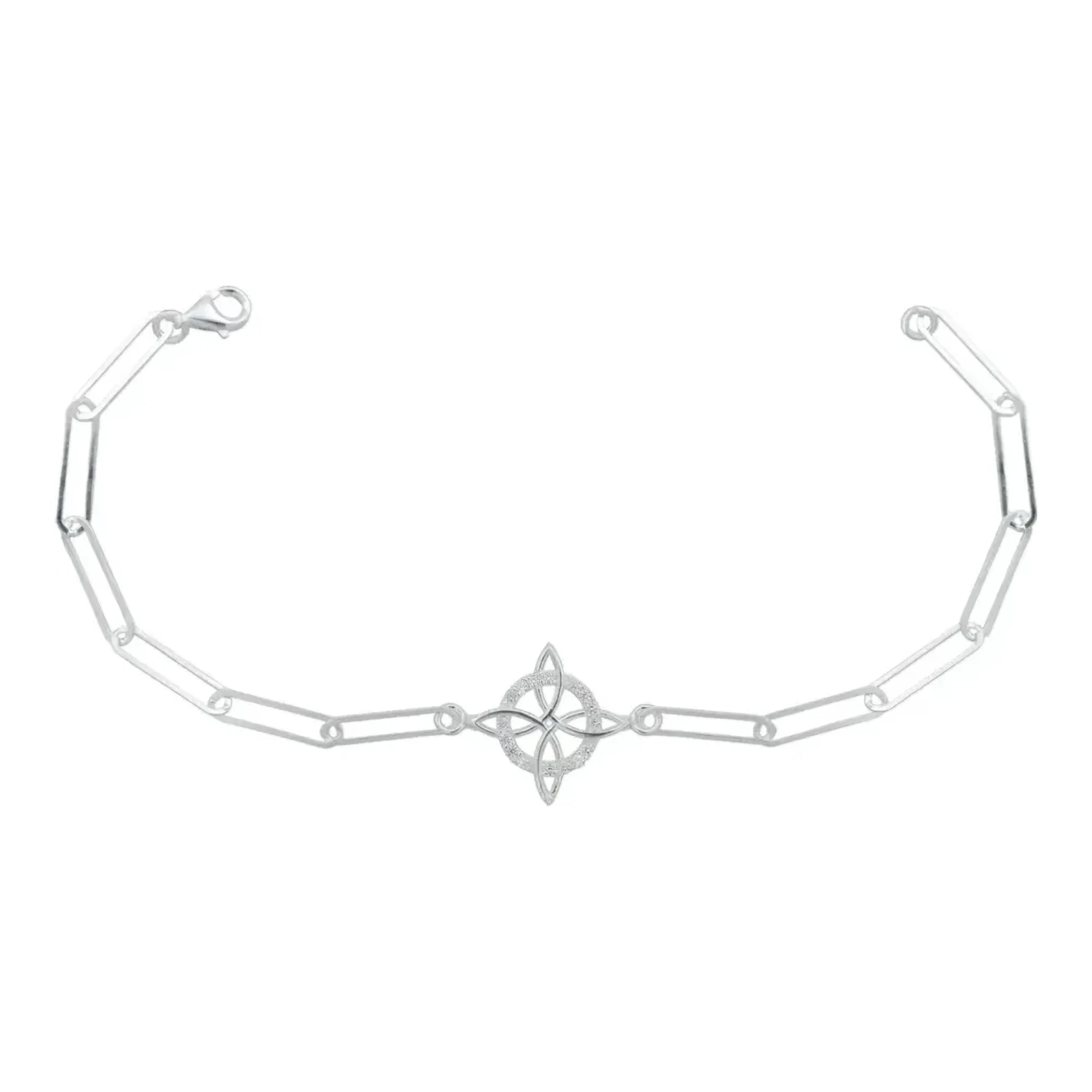 Pulsera de plata .925 mujer con dije nudo de bruja 23x19 mm, zirconias brillantes, acabado liso y broche tipo perico seguro